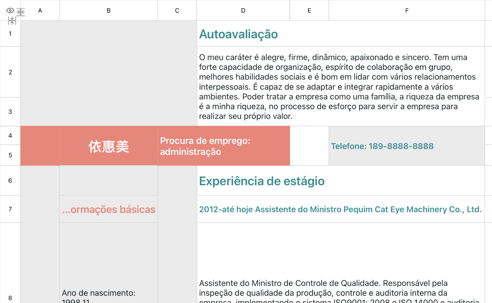 Currículo de busca de emprego na administração